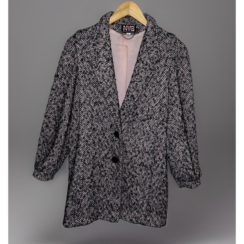 Vtg New York Girl NYC Coat Wool Blend Tweed - Union Made - Pink Black - Sz S